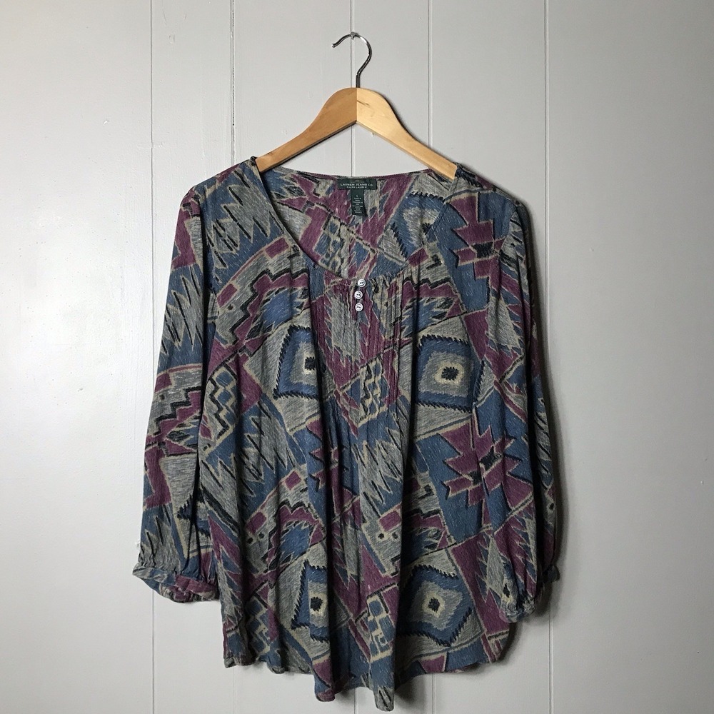 VINTAGE LAUREN RALPH LAUREN SOUTHWESTERN PRINT PEASANT BOHO BLOUSE WOMENS LARGE